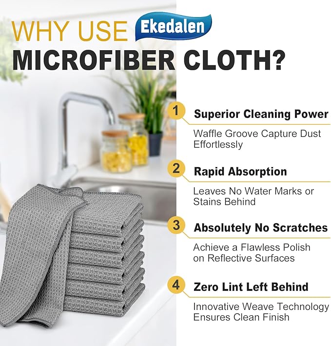 Microfiber Cleaning Cloth Waffle Weave for Dusting Absorbent Towel Quick Drying Dust Rags Household Kitchen, Lint Free Streak Free, 6 Pack,12 x 12 Inches, Grey