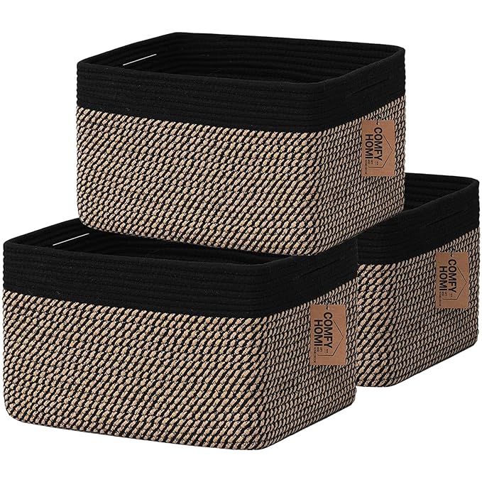 COMFY-HOMI 3PACK Cotton Rope Square Basket with Handles for Shelves|Dog Toy Bin and Storage|Baby Gift|Shoe Organizer|New 13.5" x 11" x 9.5" for Living Room (Black/Jute)
