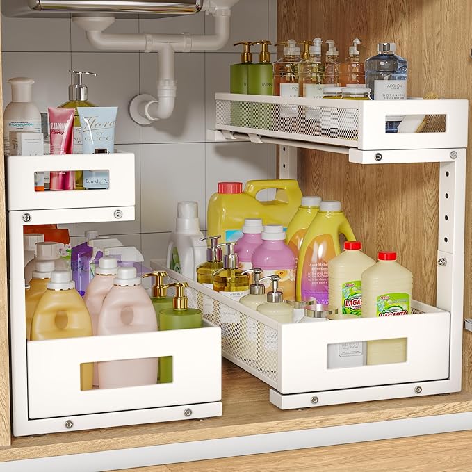 2 Pack 19IN Depth Under Sink Storage Organizer, Large 2-Tier Elegant Mesh Pull Out Shelf for Kitchen and Bathroom Cabinet Organization, L-Shaped and Adjustable Height Design-White