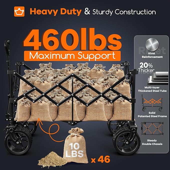 220L Collapsible Wagon Cart Foldable, 460lbs Load Capacity Heavy Duty Folding Beach Wagons with Big All-Terrain Wheels, Utility Carts for Groceries, Shopping, Camping, Sports - Blue