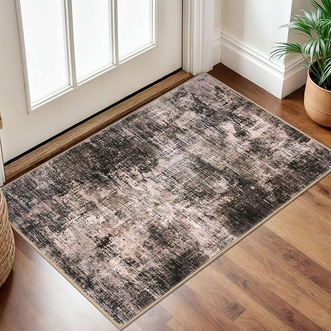 IOHOUZE Small Abstract Area Rug 2x3 Ft Entryway Rugs Washable Door Mat Indoor Entrance, Rubber Backed Throw Rugs, Printed Faux Wool Non Slip Floor Carpet for Foyer Front Door Sink, Brown/Rust