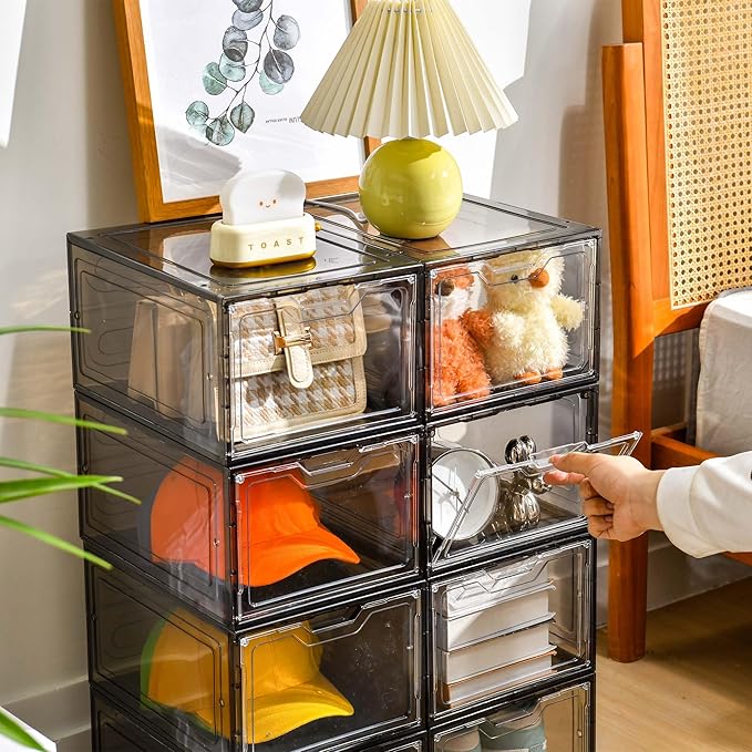 12 Pack Shoe Boxes Shoes Organizer, Shoe Storage Organizer Boxes with Magnetic Door, Clear Shoe Organizers Sneaker Storage Shoe Box for Women/Men, Fit up to US Size 12