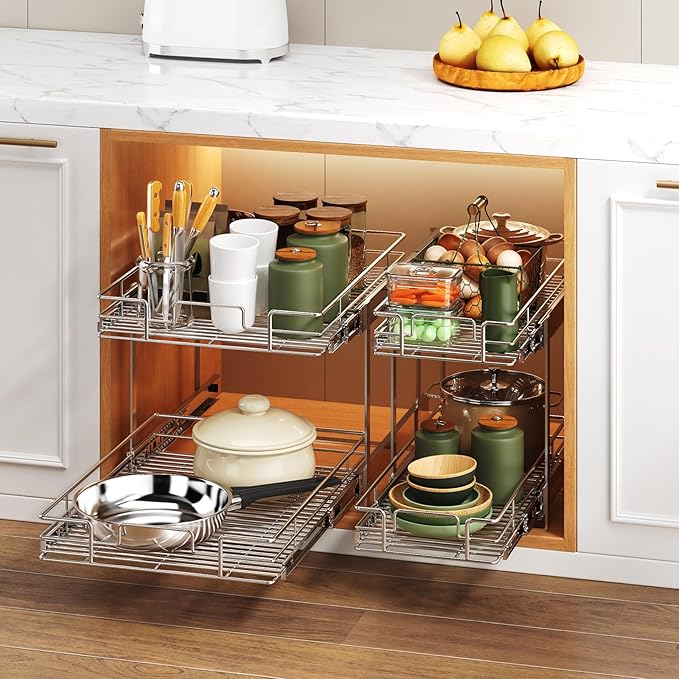 2 Tier Individual Pull Out Cabinet Organizer 22½" W x 21½" D, Heavy Duty Cabinet Pull Out Shelves, Slide Out Drawers Organization for Kitchen Cabinets Bathroom