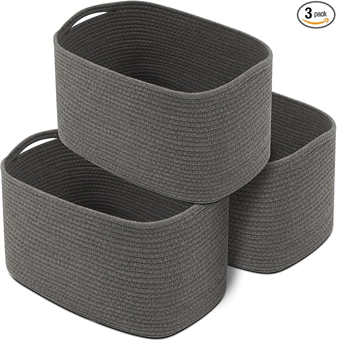 CHAT BLANC Cotton Rope Baskets for Organizing | Storage Baskets for Shelves | Rope Basket for Storage, Small Laundry Woven Baskets for Dog Toy Bin, Baby items, Graphite 3 Pack