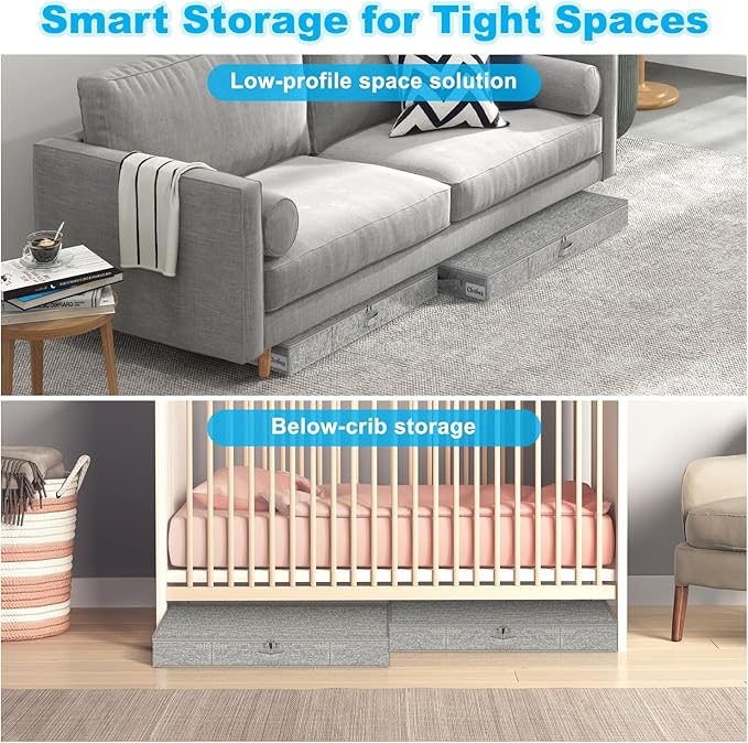 Under Bed Storage Container Bins 2 Pack, 4.5 Inch Slim Low Profile Underbed Clothes Storage Organizer for Dorm & Home, Use for Blanket and Toy Storage Box W/ Sturdy Bottom/Sides, Foldable Thick Fabric