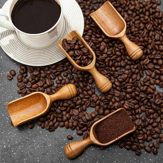 Wooden Scoops for Canisters 4PCS Wooden Scoop for Jars Acacia Mini Measuring Spoons for Ground Coffee Scoops Shovel Kitchen Scooping for Tea Powder & Bath Salt Laundry Detergent Shove- Multipurpose