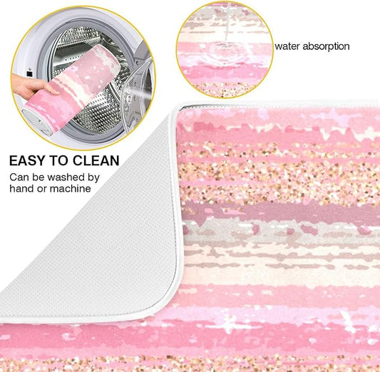 Pink Gold Stripe Dish Drying Mat for Kitchen Countertop 16x18 Rectangle Small Drying Mat Reusable Quick Dry Dish Sink Absorbent Mats Dishwasher Easy Clean Decorative Home Decor Essentials