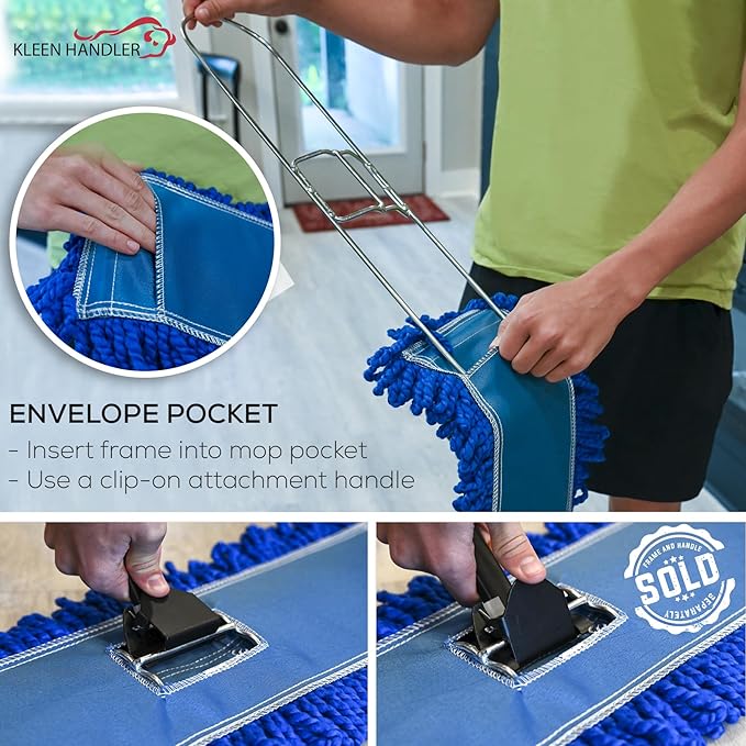 KLEEN HANDLER 36 Inch Microfiber Dust Mop, Large Washable Commercial Mop Head Replacement, Sweeper, Janitorial Supplies, Blue