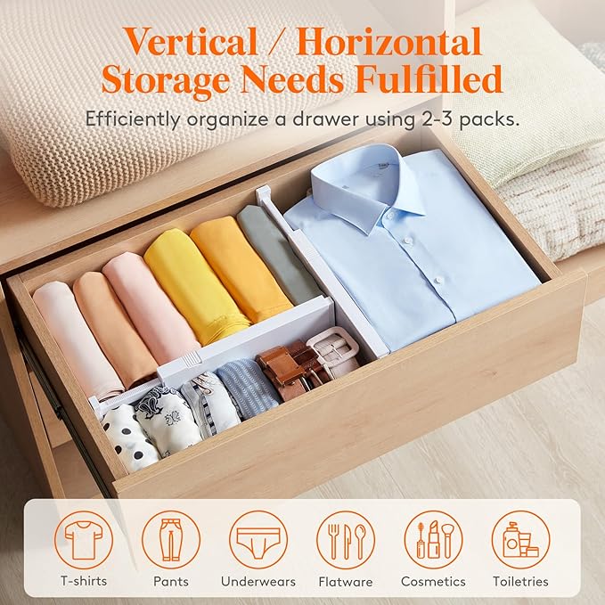 Lifewit 16 Pack Drawer Dividers 4" High, 11-17" Adjustable Drawer Organizers for Clothes, Expandable Dresser Separators in Bedroom/Bathroom/Kitchen/Fridge/Office Organization and Storage,White