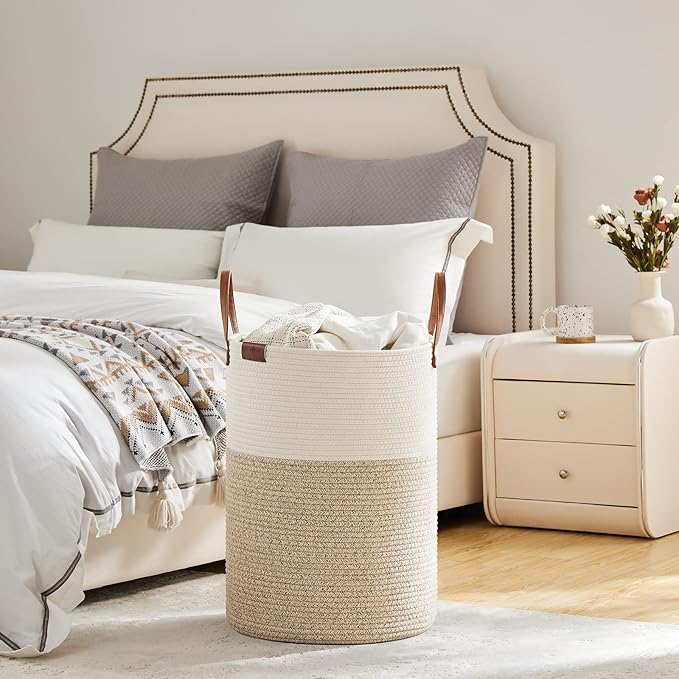 VIPOSCO Tall Laundry Basket, Large Dirty Clothes Hamper with Leather Handle, Woven Rope Storage Basket for Blanket, Toy In Living Room, Bathroom, Bedroom - 72L White & Brown