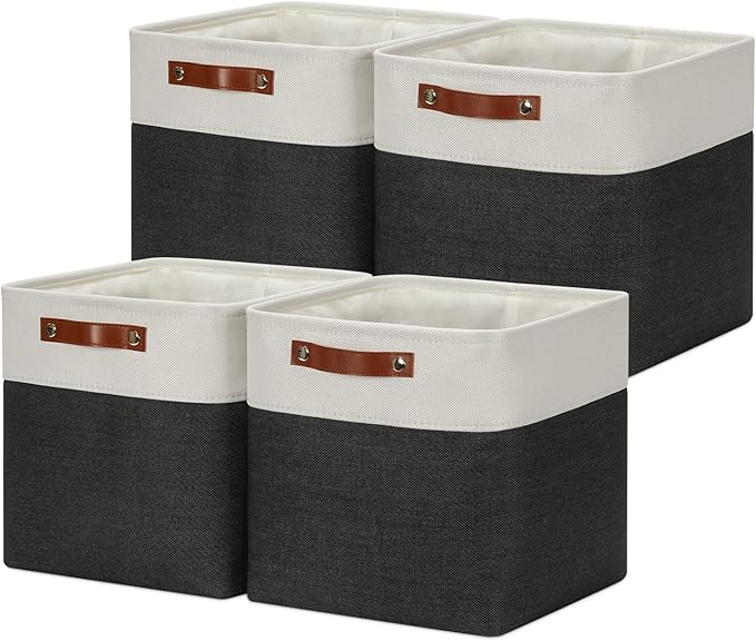 DULLEMELO Set Of 4 Cube Storage Bins, Fabric Storage Basket for Shelves Closet Nursery Toy Storage, 12 Inch Collapsible Fabric Bins for Toy Book Magazine Towel Organizers(4 Pack - 12" White&Black)