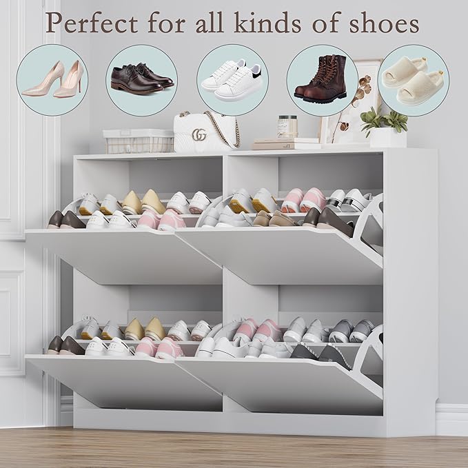Shoe Cabinet with 4 Flip Drawers, Narrow Hidden Shoe Storage Cabinet, Slim Freestanding Shoe Rack Organizer for Entryway, Hallway, Bedroom, Living Room