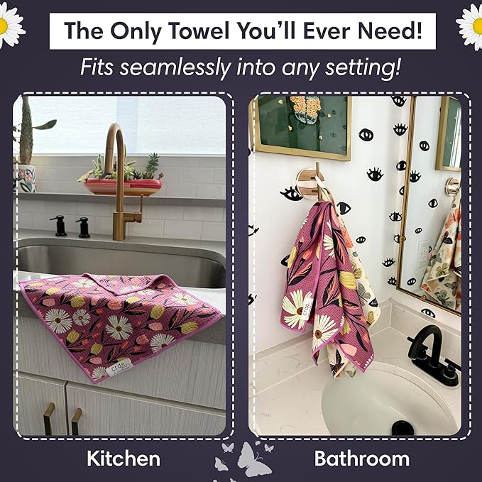 Microfiber Hand Towel & Washcloth Set of 2 - Double-Sided, Waffle Weave, Super Absorbent, Lint-Free, Fast Drying - Wings & Flower Farm Pattern for Bathroom, Kitchen, Car, and Window Cleaning
