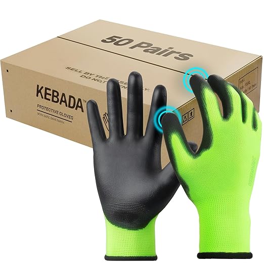 Kebada W1 Work Gloves for Men and Women, Touchscreen PU Coated Gloves with Grip, 50 Pairs Bulk Pack, Ideal for Warehouse Package Handling, Construction, Gardening, Green Large