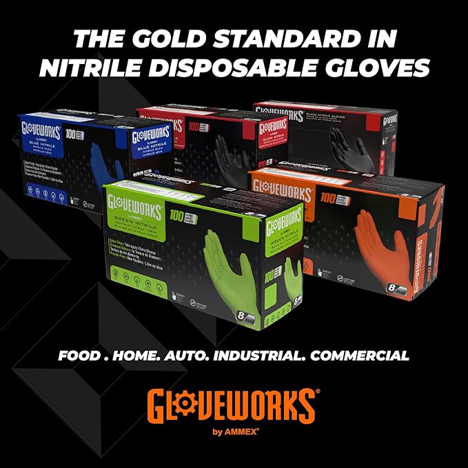 GLOVEWORKS Heavy-Duty Nitrile Gloves, Disposable, Latex Free, 8 Mil, Orange, Diamond Grip Glove