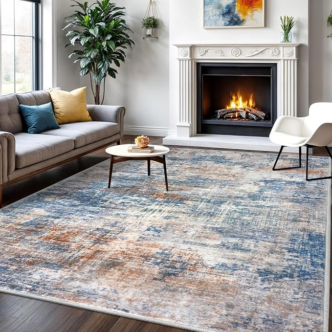 IOHOUZE Abstract Area Rugs 6x9 Ft Washable Rugs for Living Room, Non Slip Dining Room Rug, Printed Faux Wool Rugs for Bedroom, Floor Carpet for Office Nursery Playroom, Blue Rust