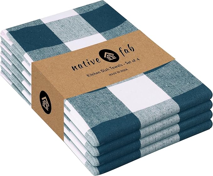 Native Fab 4-Pack Kitchen Towel with Hanging Loop 16x26 inches, Cotton Buffalo Check Kitchen Towels for Cleaning Drying, Washcloths Soft & Absorbent Cloth Rags, Bar Towel, Dish Cloth, Teal Green