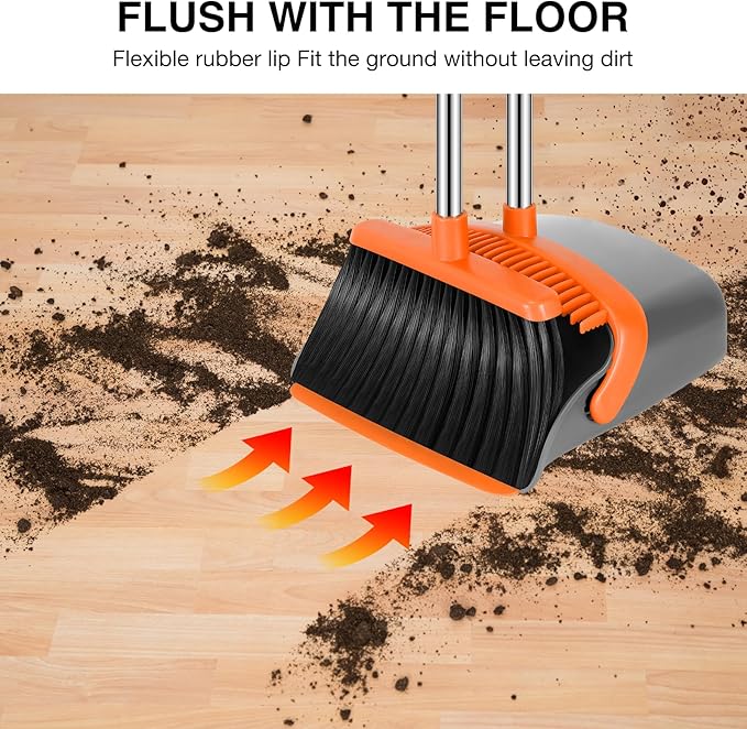NACENA Broom and Dustpan Set, 52-in Long Adjustable Handle Broom Dustpan Combo with Dustpan Teeth to Automatically Clean Hair Suitable for Home Kitchen Office Hall Floor (Grey&Orange), 2 Pack