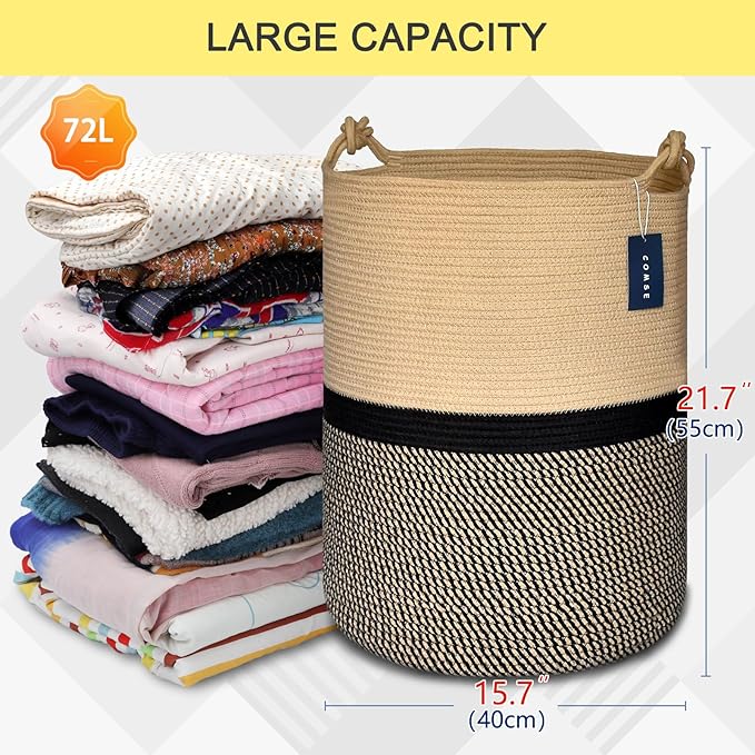 COMSE Extra Large Blanket Basket, Tall Woven Storage Basket, Nursery Hamper, 15.7”x 21.7”, Cotton Rope Laundry Hamper for Toys Clothes Towels, Blend Brown/Black