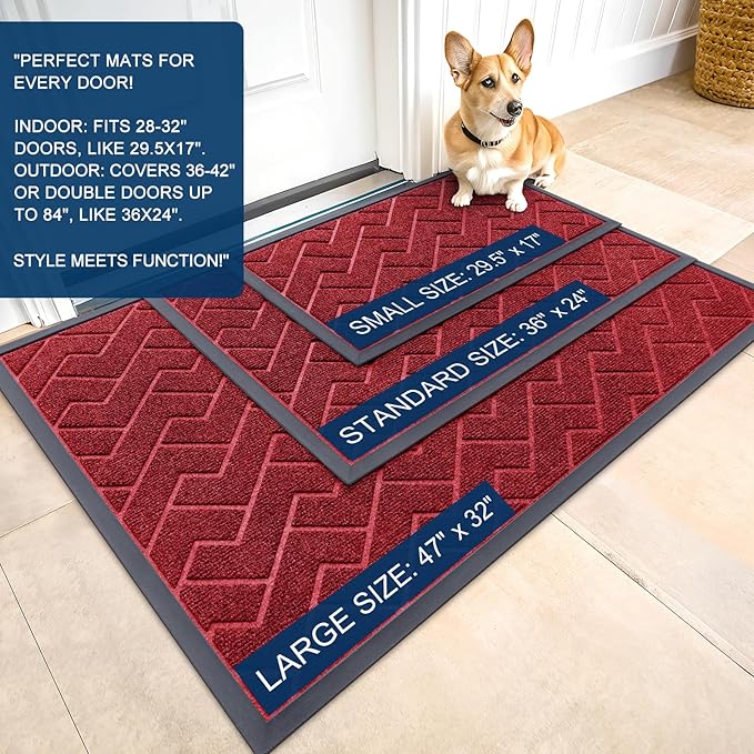 OLANLY Front Door Mat Indoor Outdoor Entrance, Waterproof All-Season, All-Weather Doormat, Sturdy Natural Rubber, Low Profile, Easy Clean Patio Porch Entryway Mat, Herringbone Brick (Wine Red, 59x35)
