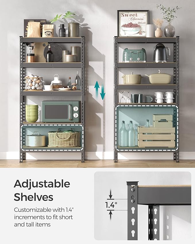 SONGMICS 5-Tier Storage Shelves, Load 2310 lb, Set of 2 Garage Storage, Boltless Assembly, Adjustable Shelving Unit, 11.8 x 29.5 x 59.1 Inches, for Study Shed Basement, Gray UGLR300G02