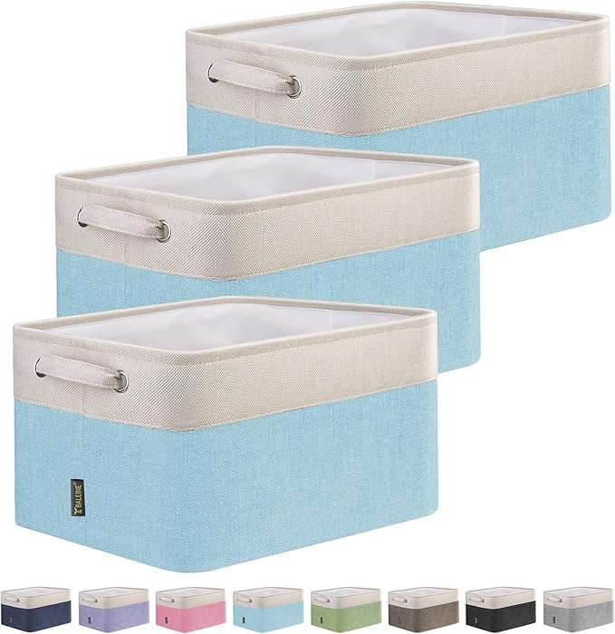 BALEINE 3 Pack Fabric Storage Bins for Shelves, Linen Storage Baskets for Organizing, Decorative Closet Bins for Clothes, Home (Skyblue, 15''x11''x9.5'')