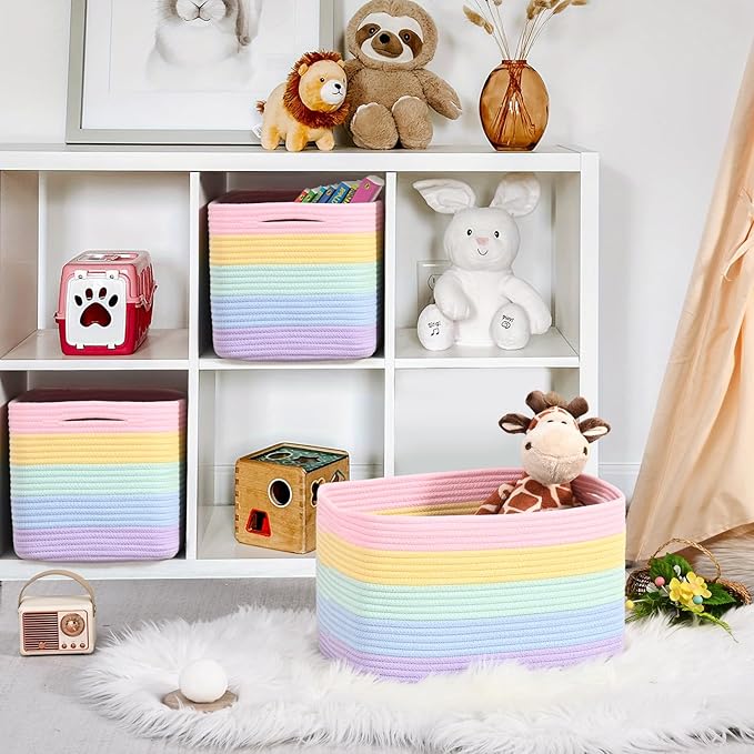 Shelf Baskets for Organizing, Woven Storage Basket for Shelves，Cotton Rope Storage Bins for Toys Books, Nursery Towel Baskets for Classroom, 14.96"X9.8"X8.85", 3-Pack Pastel Rainbow