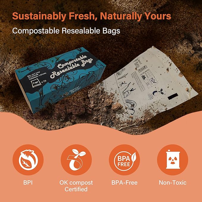 Compostable Food Storage Bags, Resealable Sandwich Bags, 50 Count, 6.7 x 6.8 inches, Extra Thick and Reusable, Eco-Friendly, Certified US BPI ASTM D6400 Europe OK Compost