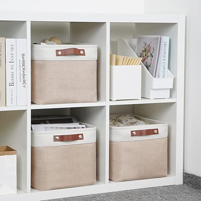 DULLEMELO Fabric Storage Bins, Storage Baskets for Organizing, Collapsible Rectangular Fabric Baskets for Shelves, Empty Gift Baskets (3-Pack Medium-15 inch X 11 inch X 9.5 inch , White&Khaki)