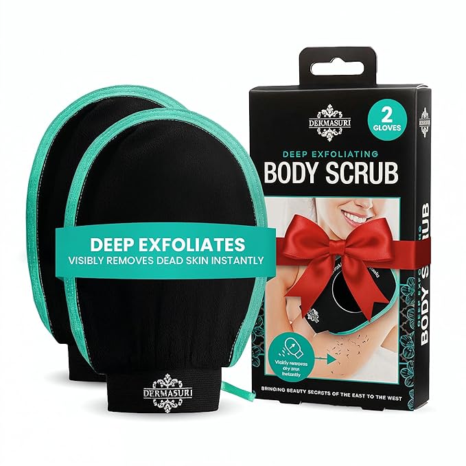Dermasuri - Deep Exfoliating Glove - Polishing Mitt Body Scrubber - Korean Skin Cleaner Exfoliator - Dead Skin Buffing Treatment - Gifts for Women & Men - Keratosis Pilaris Scrub Remover - (2 Pack)