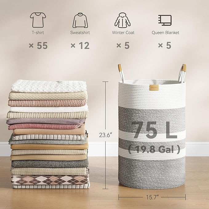 75L Striped Laundry Hamper with Leather Handles,Large Foldable Laundry Basket for Clothes,Cotton Rope Storage Bin for Blankets,Woven Clothes Basket for Bedroom,Gray Stripes