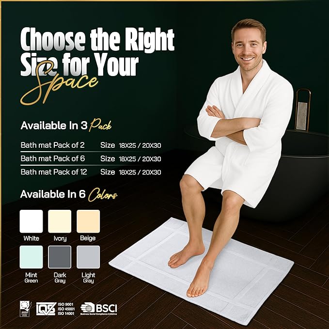 Pearl Linens Pack of 6 100% Cotton Bath Mat 18x25 inches, Soft & Absorbent Quick Dry Bathroom Mat Set, Not Bathroom Rugs, After Shower Mat, Bath Tub Mat, 687 GSM, Machine Washable, White