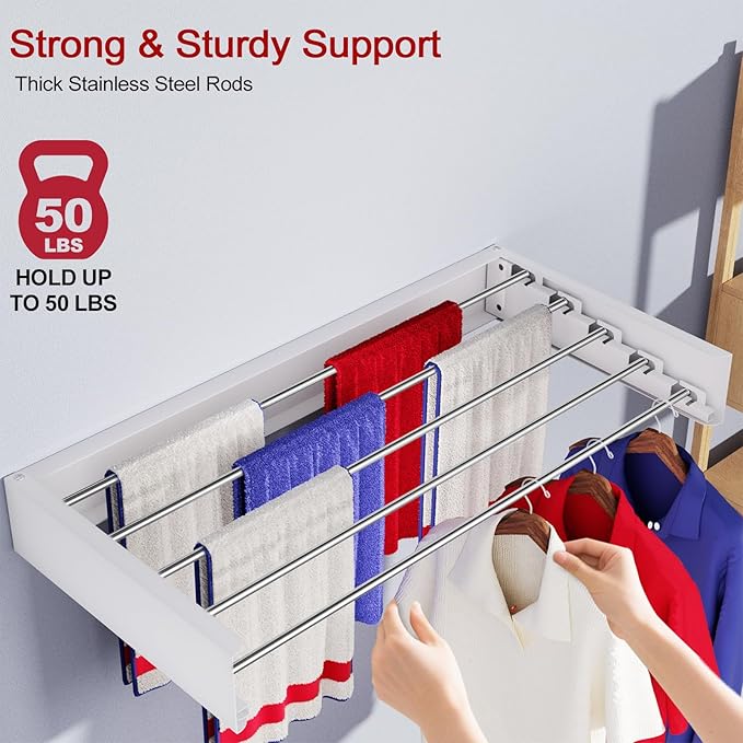 Wall Mounted Drying Rack 31.5", Foldable Laundry Drying Rack with Stainless Steel Rods, Retractable Laundry Space Saver for Indoor & Outdoor Use, Include Wall Template