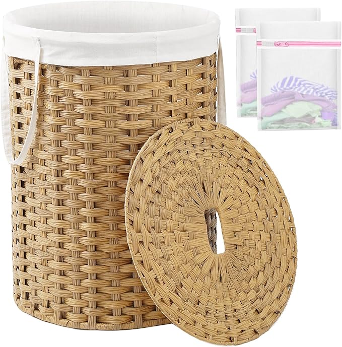 Laundry Basket with Lid Round Rattan Laundry Hamper with Lid and Handles 29.1 Gal (110 L) Handwoven Woven Basket with Removable Bags and 2 Mesh Bags for Bathroom Living Room Natural