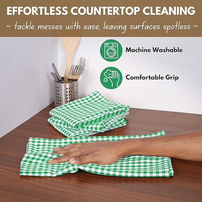 Native Fab Set of 12 Gingham Mini Check Kitchen Towels 16"x26" - Cotton Dish Towels - Soft Absorbent Hand Towels with Hanging Loop, Washcloths for Quick Drying, Cleaning - Green White