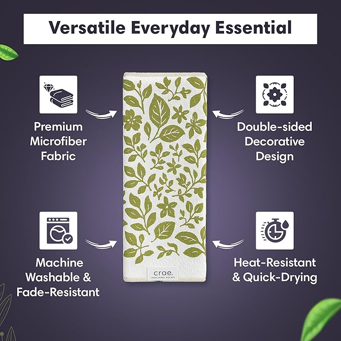 2 Double Sided Microfiber Hand Towels, 17x27 Inches Waffle Design Kitchen Towels Set, Durable & Soft Fast Drying Hand Wash Cloth and Dishcloth for Everyday Use at Home (Pat & Tricky- Green/Cream)