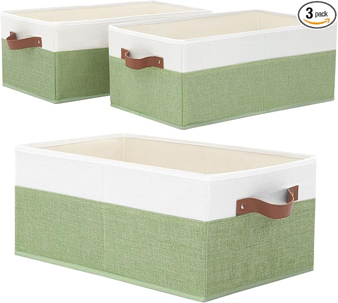 3 Pack Large Capacity Storage Bins Closet Organizer for Shelves, Fabric Closet Storage Baskets Boxes with Leather Handles for Organizing Clothes, Sheets, Jeans, Toys, Books (Green)