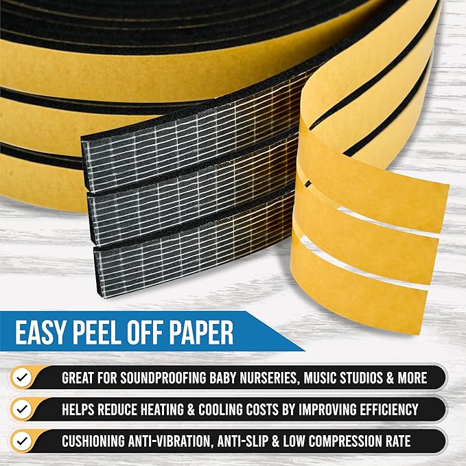 High Density Foam Weather Stripping Door Seal Strip Insulation Tape Roll for Insulating Door Frame, Window, Air Conditioner | Self Adhesive Sealing Weatherstrip (Black, 1 in x 1/2 in x 18 Ft)
