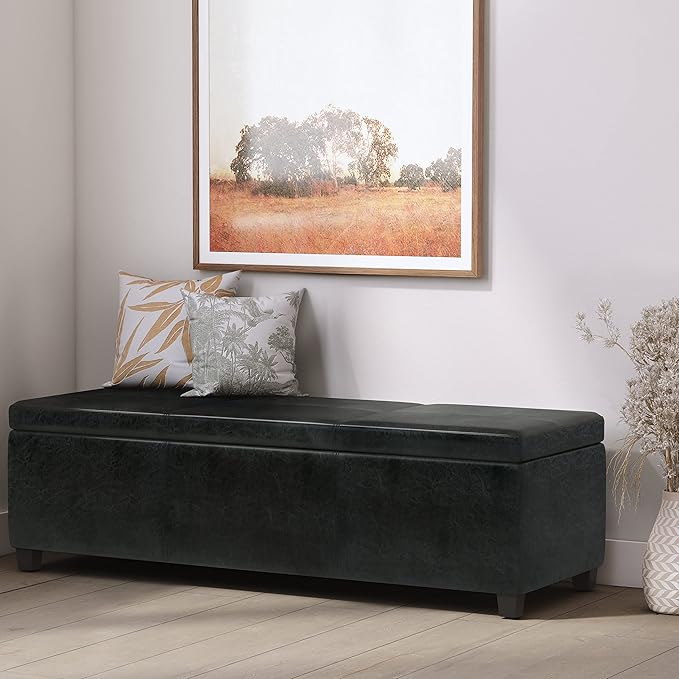 SIMPLIHOME Avalon 54 inch Wide Contemporary Rectangle Extra Large Storage Ottoman Bench in Midnight Black Vegan Faux Leather, Assembled, For the Living Room, Entryway and Family Room