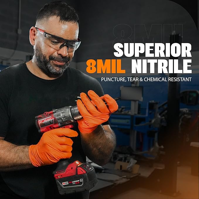Herkules Grip Heavy Duty 8Mil Orange Nitrile Gloves,3D Raised Diamond Texture-Latex & Powder Free-Industrial, Mechanic