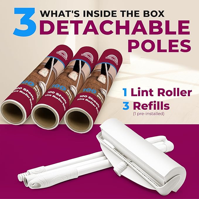 RainbowZone Large Lint Rollers plus 3 Rolls 9.5'' Extra Wide Total 300 sheets Giant Lint Roller Refills with 3 Extendable Long Handle for Pet Hair Removal and Household Cleaning (1 Roller + 3 Refills)