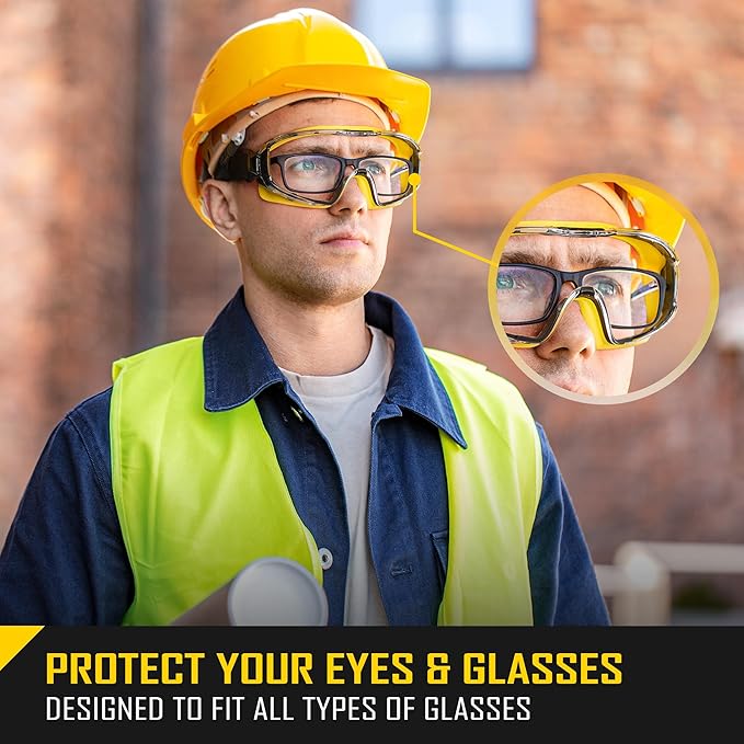 COOLJOB Safety Goggles Over Glasses with Anti-Fog Clear Lens, ANSI Z87.1 Impact Resistance and UV Proof, Adjustable Headband