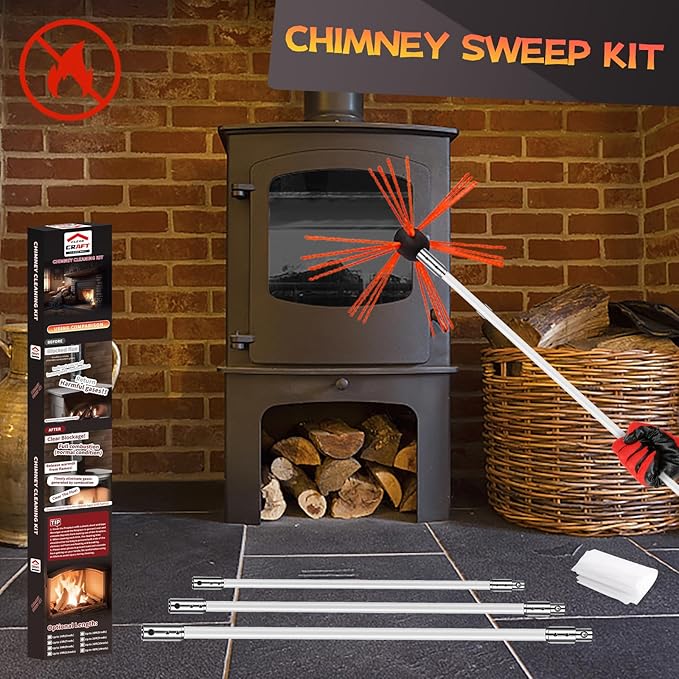 26 Feet Chimney Sweep Kit, Chimney Cleaning Kit with 8 Flexible White Chimney Rods, Chimney Brush, Rotary Chimney Cleaning System Driven by Drill for Sweeping Fireplace