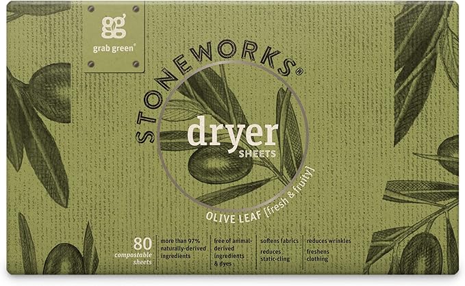 Grab Green Stoneworks Laundry Detergent Pods and Dryer Sheet Bundle, 50 Count Pods and 80 Dryer Sheets, Olive Leaf Scent, Plant and Mineral Based Laundry Care Set