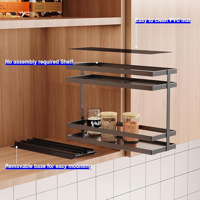 Pull Out Spice Rack Organizer for Cabinet, 2 Tier Metal Slide Out Seasoning Organizer and Storage Heavy Duty Vertical Spice Rack Shelf Pullout for Kitchen Cabinets No Drilling(1 Pack, Black)