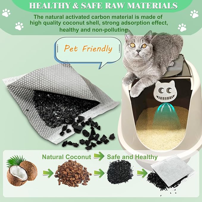 Unscented Cat Litter Box Deodorizer Kit Stick-On Activated Carbon Odor Eliminators Compatible with most manual and automatic litter boxes (4 Refills+ 1 Box) (White, Unscented)
