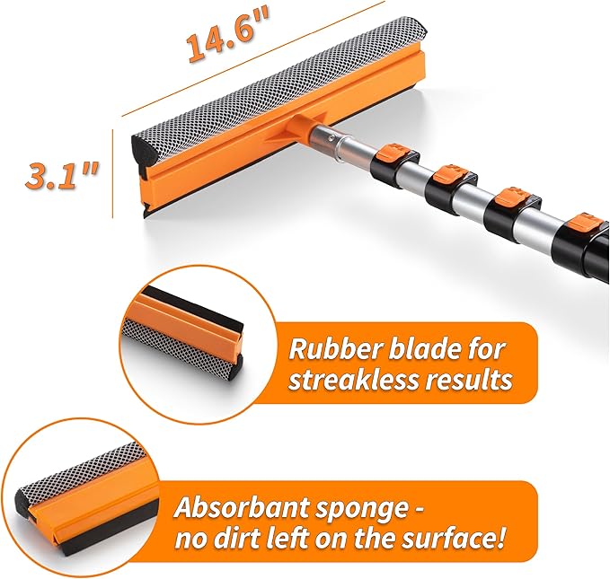 4-12 ft Window Washer Squeegee Kit with Extension Pole (20+ Foot Reach) // Long Handle Squeegee for Window Cleaning & Car Cleaning Multi-Use//Telescopic Professional Window Cleaning Squeegee for Home