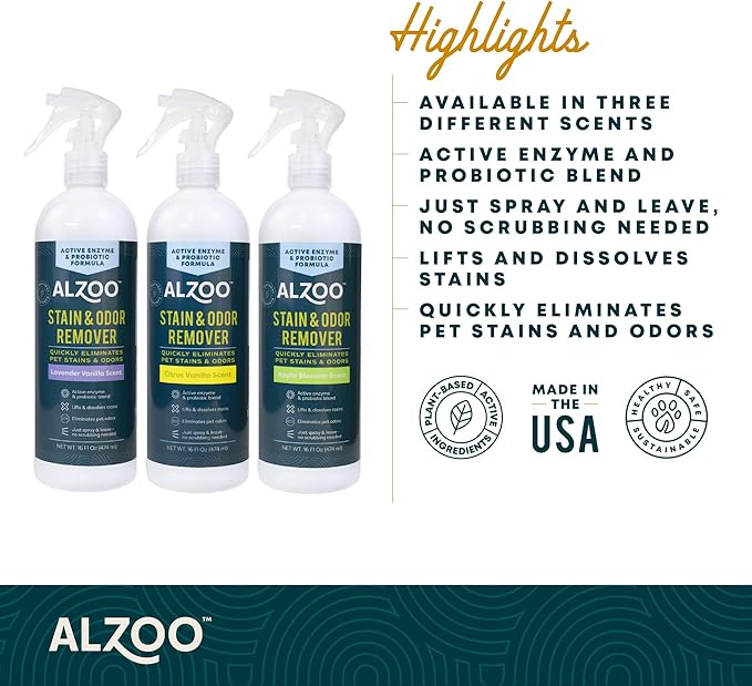 ALZOO Stain & Odor Remover, Quickly Lifts & Dissolves Pet Stains & Helps Eliminate Odors, 100% Plant-Based Active Ingredients, Citrus Vanilla Scent, 16 Fl. Oz Spray Bottle