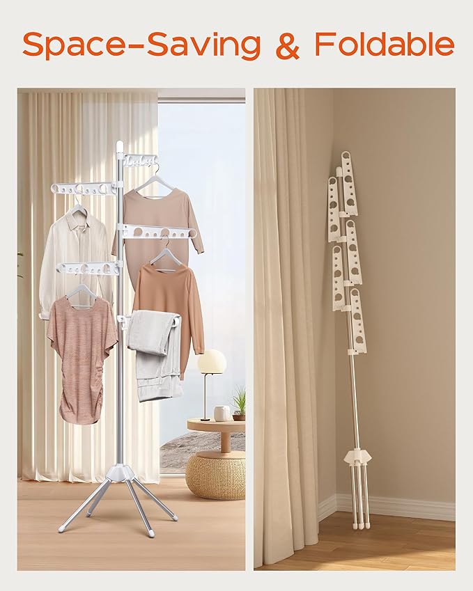 Clothes Drying Rack Foldable, 70.9 inch Tripod Drying Rack for 35 Pieces of Clothes, with Height-Adjustable Rotatable Clothes Rails, Space Saving, Stainless Steel, White and Silver CDR005W01