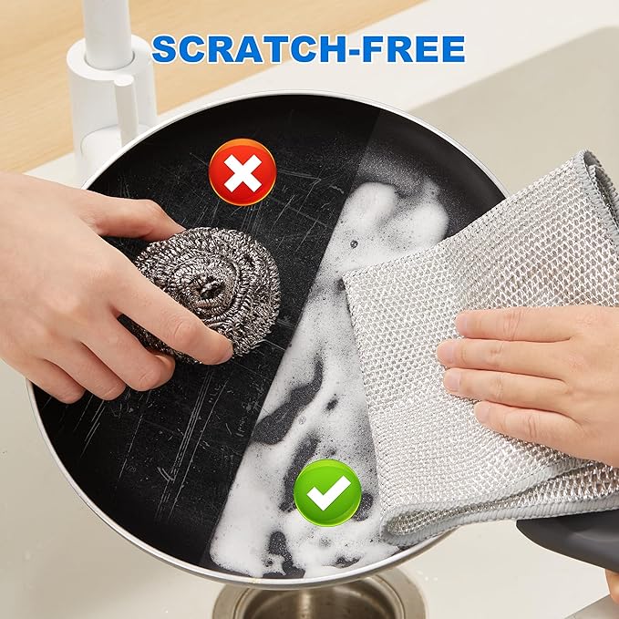 JOYMOOP Dual-Sided Silver Microfiber Cleaning Cloth, Reusable Non-Scratch Dishwashing Rag, Multipurpose Scrubbing Pads for Kitchen, Glass, Stainless Steel